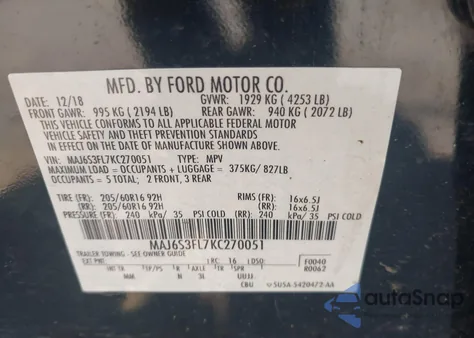 2019 Ford Ecosport S из США, поврежденный, VIN MAJ6S3FL7KC270051
